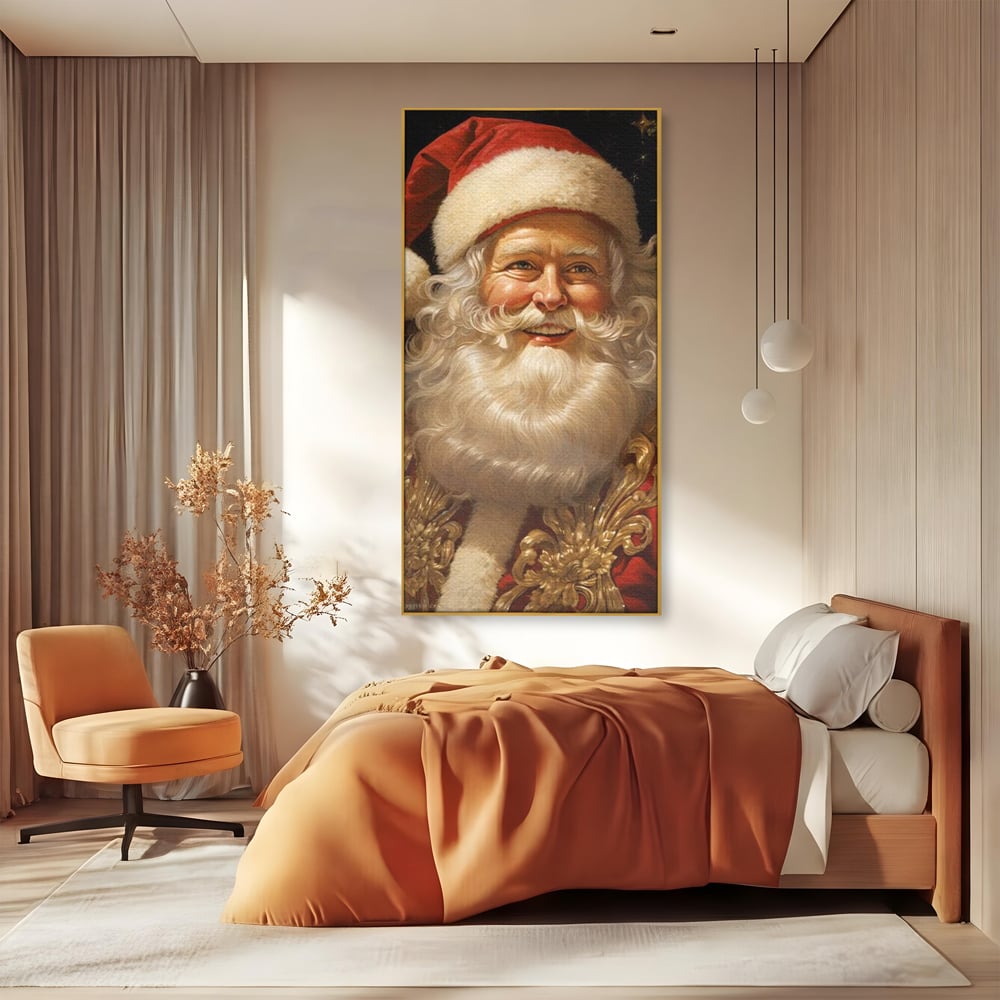 Tablou canvas cu tablou canvas cu portretul lui mos craciun, in rama de aluminiu auriu, pe perete intr-un dormitor